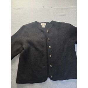 Tally-Ho Vintage 100% Wool Black Cardigan Sweater Silver Crest Buttons Large